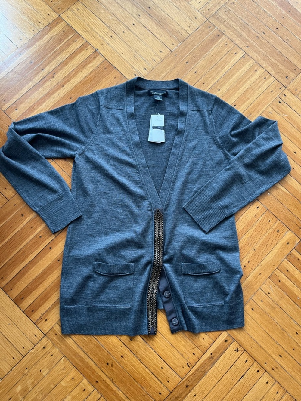 Banana Republic • NWT Charcoal Merino Open Front Cardigan with Beaded Detail
